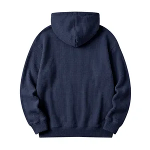 Detailed back view of men's navy blue waffle knit hooded sweatshirt with a casual loose fit