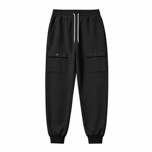 Detail view of black men's cargo sweatpants with drawstring waist and snap pockets