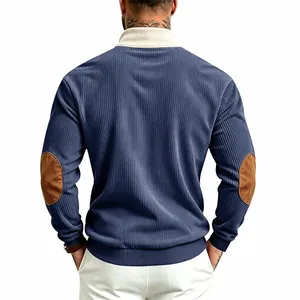 Back view of men's blue corduroy sweatshirt with brown elbow patches and white collar