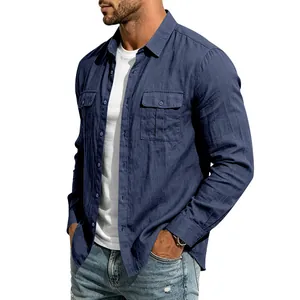 Close-up of navy blue linen long-sleeve shirt for men featuring double chest pockets