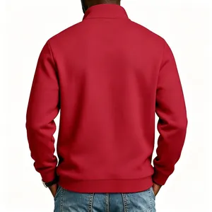 Detail view showing the back profile of a men's red half-zip fleece-lined sweatshirt