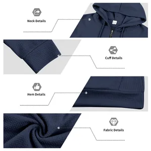 Detail views of waffle-knit hoodie showing neck, cuff, hem, and fabric texture