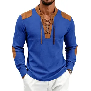 Men's blue waffle knit Henley shirt with vintage lace-up neck and shoulder patches