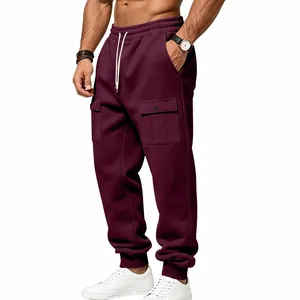 Close-up detail of men's fleece cargo sweatpants with drawstring waist and cargo pockets