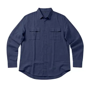 Detailed view of navy blue men's linen long-sleeve shirt with double pockets