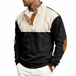Men's casual corduroy color-block sweatshirt featuring elbow patches and stand collar