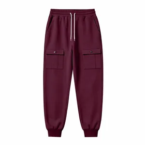 Men's burgundy fleece cargo sweatpants with drawstring waist and cuffed ankles for winter