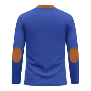 Back view of a blue waffle knit long sleeve shirt featuring contrast brown elbow patches.