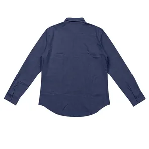 Professional back view of a dark blue linen long-sleeved casual button-down work shirt