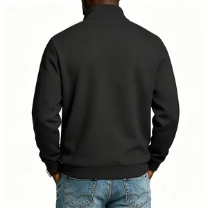 Back view of a men's black fleece-lined half-zip sweatshirt with a stand-up collar