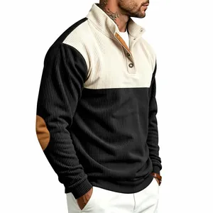 Detailed close-up of corduroy texture and suede elbow patch on men's casual top