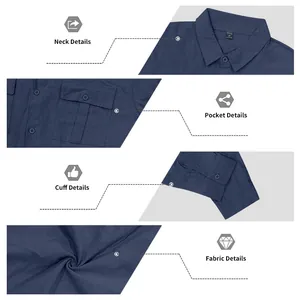 Detailed views of navy linen shirt showing collar, pocket, cuff, and breathable fabric