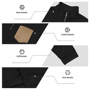Detail view of men's half-zip fleece sweatshirt showing neck, pocket, and cuff stitching