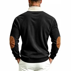 Back view of men's corduroy sweatshirt with contrast collar and elbow patches.