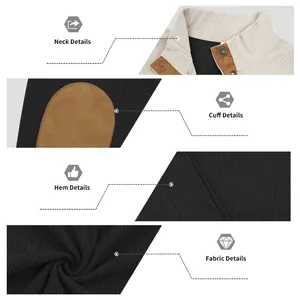 Close-up details of corduroy sweatshirt showing neck, cuff, hem and fabric texture.