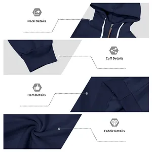 Dettagli della felpa con cappuccio blu navy: collo, polsini, orlo e trama del tessuto