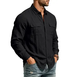 Detail of black linen long sleeve shirt for men with double chest pockets and casual style