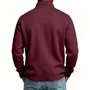 Back view of men's burgundy quarter-zip stand collar fleece sweatshirt in relaxed fit.