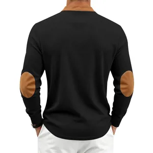 Back view of men's black waffle knit Henley shirt with brown elbow patches