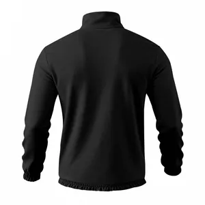 Detalle de vista posterior de una sudadera negra para hombre con cuello alto y elásticos.
