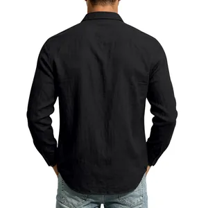 Back view of men's black linen long sleeve shirt with a breathable textured finish.