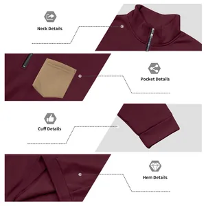 Detailed views of men's half-zip fleece sweatshirt neck, pocket, cuff, and hem.