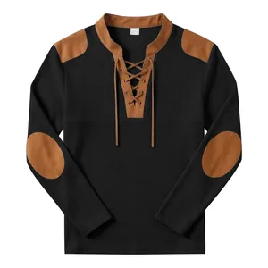 Men's waffle knit Henley shirt with vintage lace-up neck and brown shoulder patches