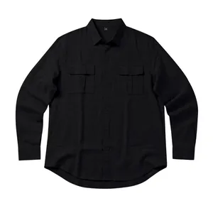Detailed flat lay of a black men's linen long-sleeved shirt with twin chest pockets.
