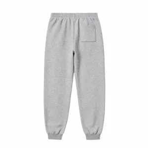 Back view detail of grey fleece-lined joggers featuring elastic waist and back pocket.