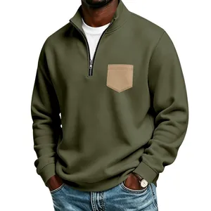 Detailed view of olive green men's half-zip fleece sweatshirt with contrast chest pocket