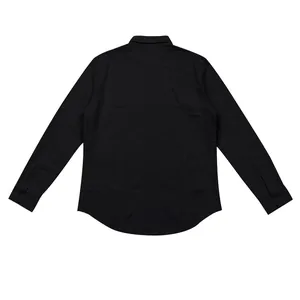 Back view of a classic black long-sleeved men's linen casual button-down shirt