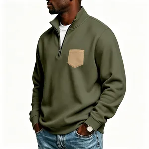 Side view detail of a men's olive green quarter-zip pullover with a contrast tan pocket.