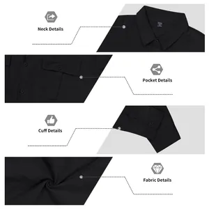 Detailed views of black men's linen shirt showing neck, pockets, cuffs and fabric texture