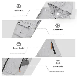 Detailopnamen van de grijze techwear-hoodie met oranje ritsen en meerdere zakken.