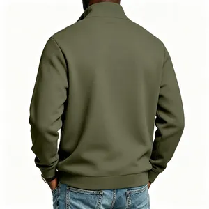 Detailed back view of men's olive green half-zip stand collar fleece sweatshirt