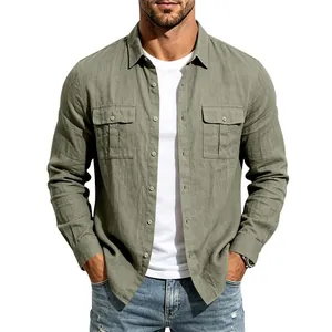 Detail view of men's sage green linen long sleeve shirt with double chest pockets
