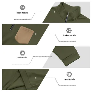 Details of men's half-zip fleece sweatshirt showing collar, pocket, cuff and hem.
