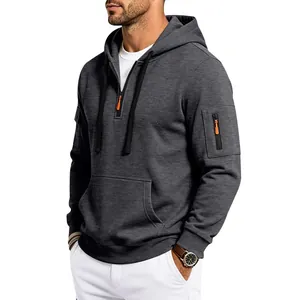 Felpa pesante da uomo con cappuccio e mezza zip con tasca sulla manica grigio scuro