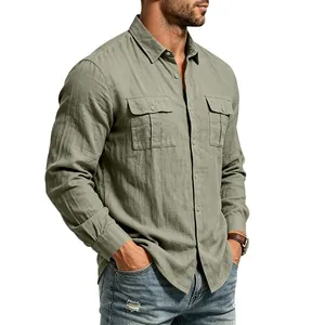 Detailed view of olive green linen long sleeve shirt featuring double chest pockets.
