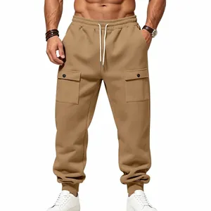 Detail of men's khaki fleece cargo joggers with drawstring waist and buttoned pockets