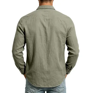 Detailed back view of men's olive green linen long sleeve shirt, casual breathable fit