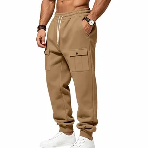 Detailed view of men's fleece-lined cargo joggers showing fit and snap pockets