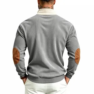 Back detail view of a grey corduroy men's sweatshirt featuring brown elbow patches.