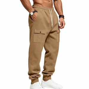 Side profile of men's fleece-lined cargo sweatpants with drawstring and pockets