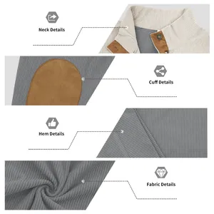Detailed view of corduroy sweatshirt featuring stand collar, elbow patches, and fabric texture