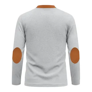 Back view of men's grey waffle knit Henley shirt with brown elbow patches