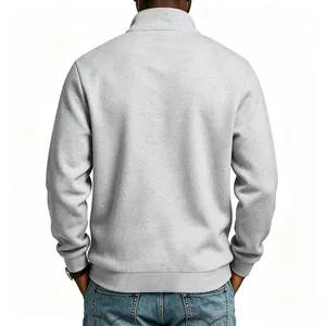 Back view of a casual men's quarter-zip sweatshirt in light grey heather fabric.