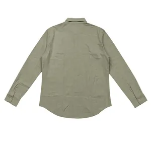 Back view of a breathable olive green long-sleeved linen shirt for men, casual style.