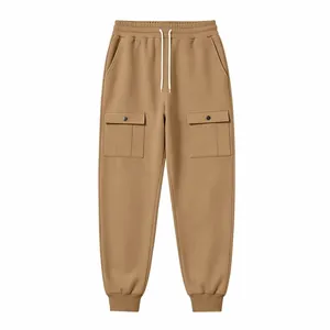 Premium khaki men's fleece-lined cargo sweatpants with drawstring waist and large pockets