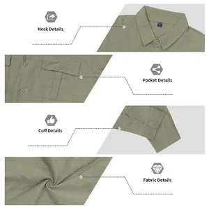 Detailed views of men's linen shirt showing neck, pockets, cuffs, and breathable fabric.